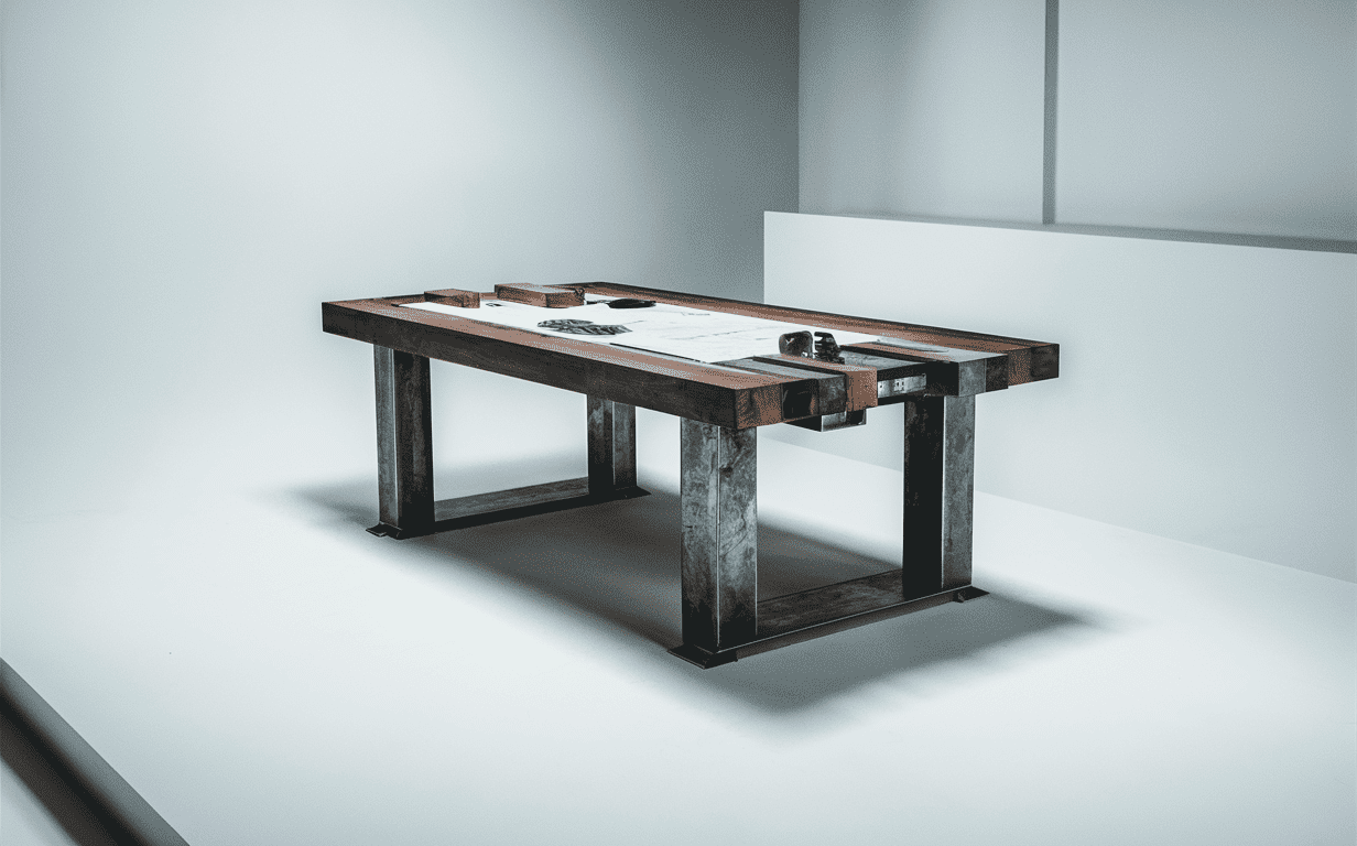 Industrial table with a wooden top and metal legs.